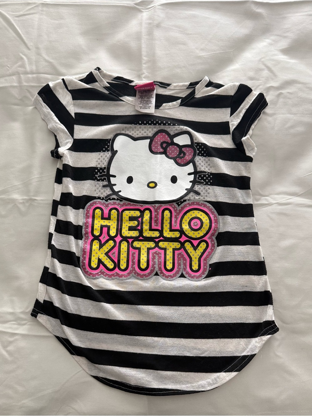 Cute Black & Off White Striped Hello Kitty Kids Shirt Size M 10